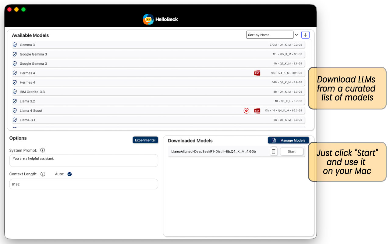 The Hello Beck Launch Menu Page displays a curated list of Large Language Models available for download